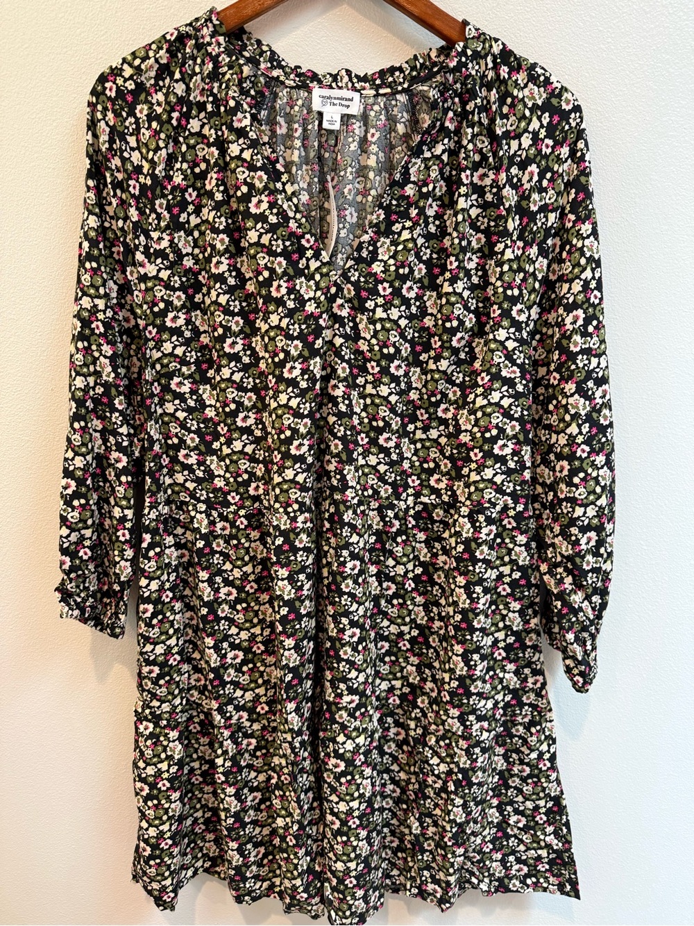 Women's Ruffle Neck Tiered Mini Black Floral Dress